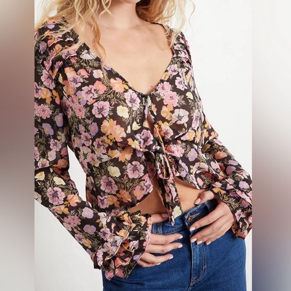 Free People Tops - Free People Mayble Floral Tie Front Blouse Black Multi S